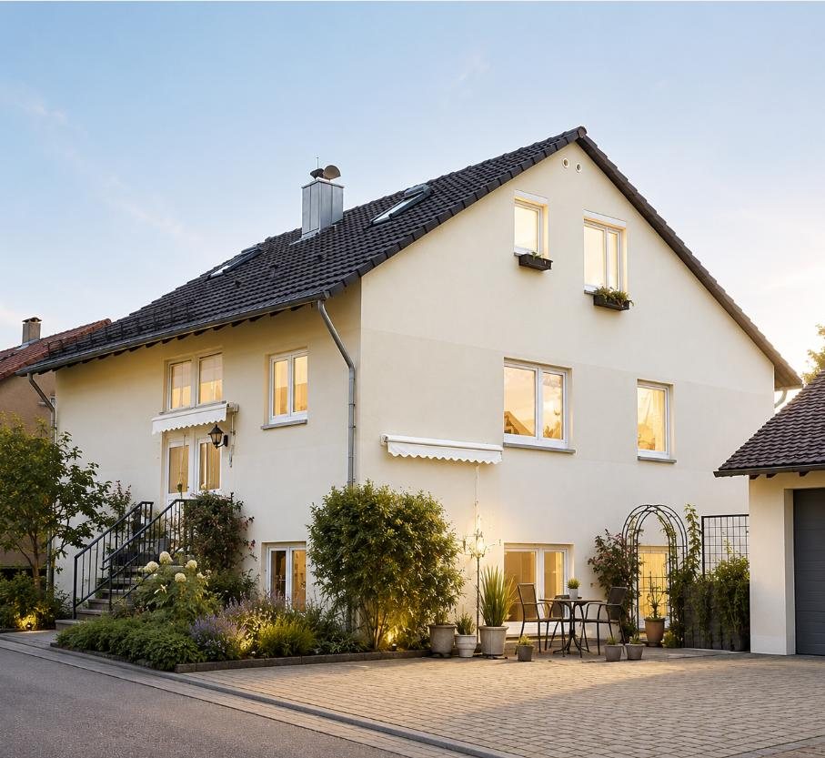 Mehrfamilienhaus in Bermatingen von der Straßenseite am Abend